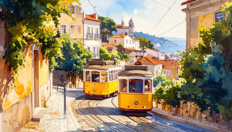 Lisbon & Sintra: The Perfect 2-Day Budget Itinerary two yellow trams moving narrow lisbon street surrounded colorful houses sunny afternoon representing european summer 413999284